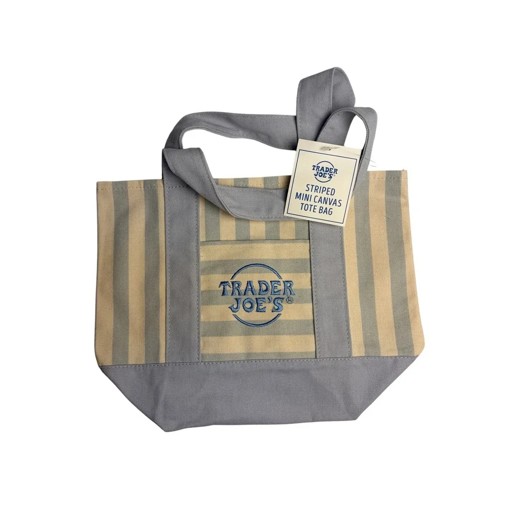 Trader Joes Striped Mini Canvas Tote Bag Blue NWT